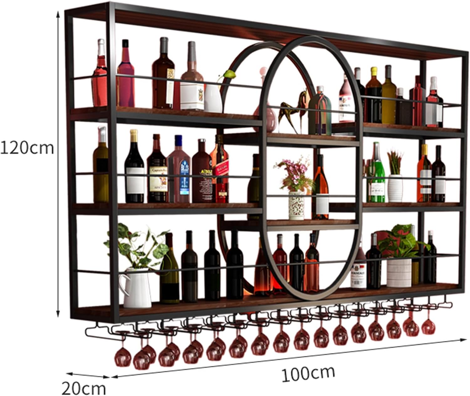 Wine Rack Wall Mounted Floating Bar Shelves for Liquor Bottles with LED Light Liquor Bottle Display Shelf with Hanging Wine Glass Rack Kitchen Wall Shelf for Home Bar Dining Room Kitchen(Black,100*20*