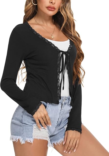 Aottori Women Cropped Cardigan Long Sleeve Bolero Shrug Ladies Casual Lightweight Tie Front Knitted Jumper Tops for Wedding Party
