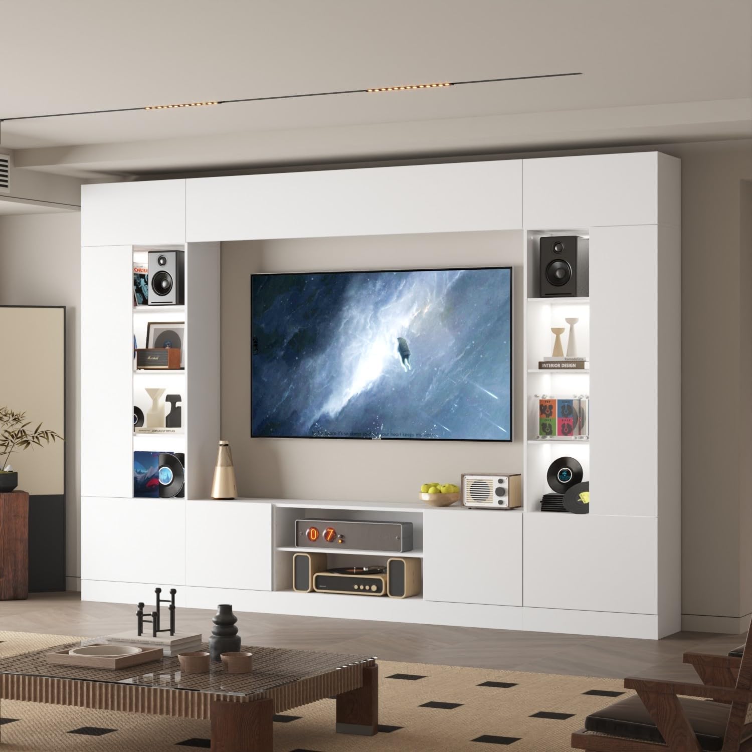 FAMAPY Large Entertainment Center with Light, TV Media Center with Doors and Shelves, TV Hutch for Living Room White 114.2”W x 11.8”D x 78.7”H
