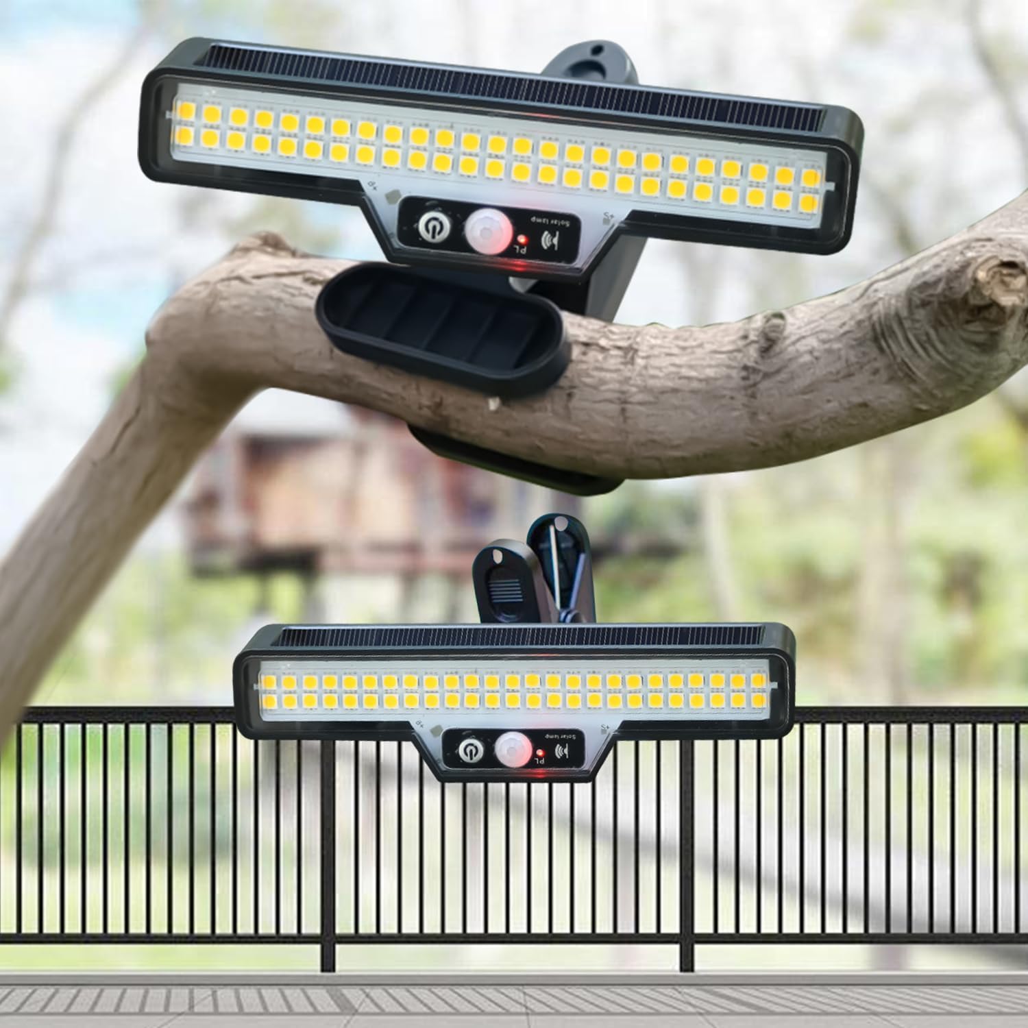 JFX Clip On Solar Motion Lights Outdoor Waterproof,Fence Lamps Outside with 50LED, 500LM Bright Motion Lights, 6000K Security Solar Light for Chain Link Fence Gutter Garage Camping (2Pack)