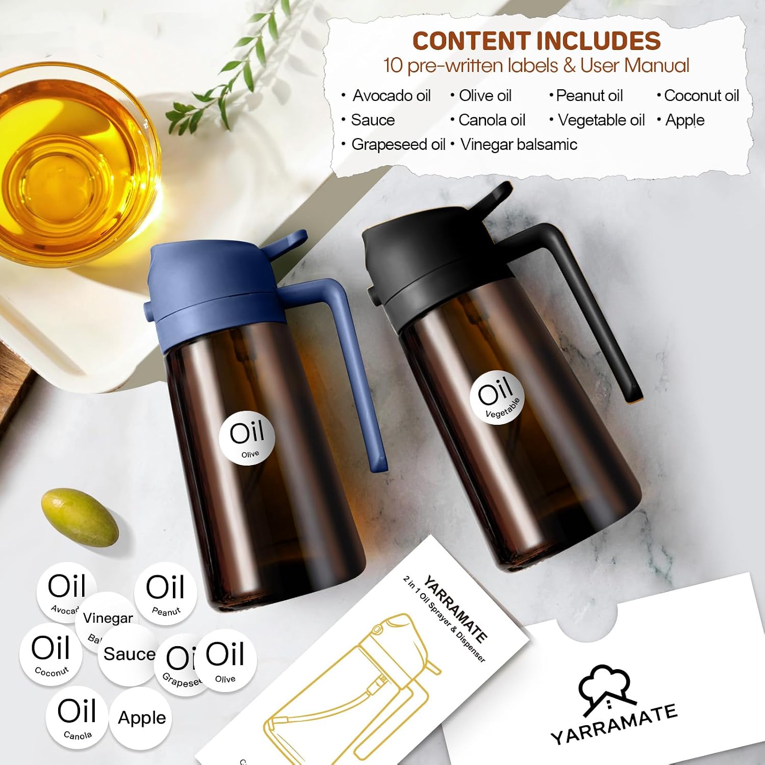 YARRAMATE 2Pcs 16oz/470ml Dark Brown Oil Sprayer for Cooking (Black&Navy) image 2