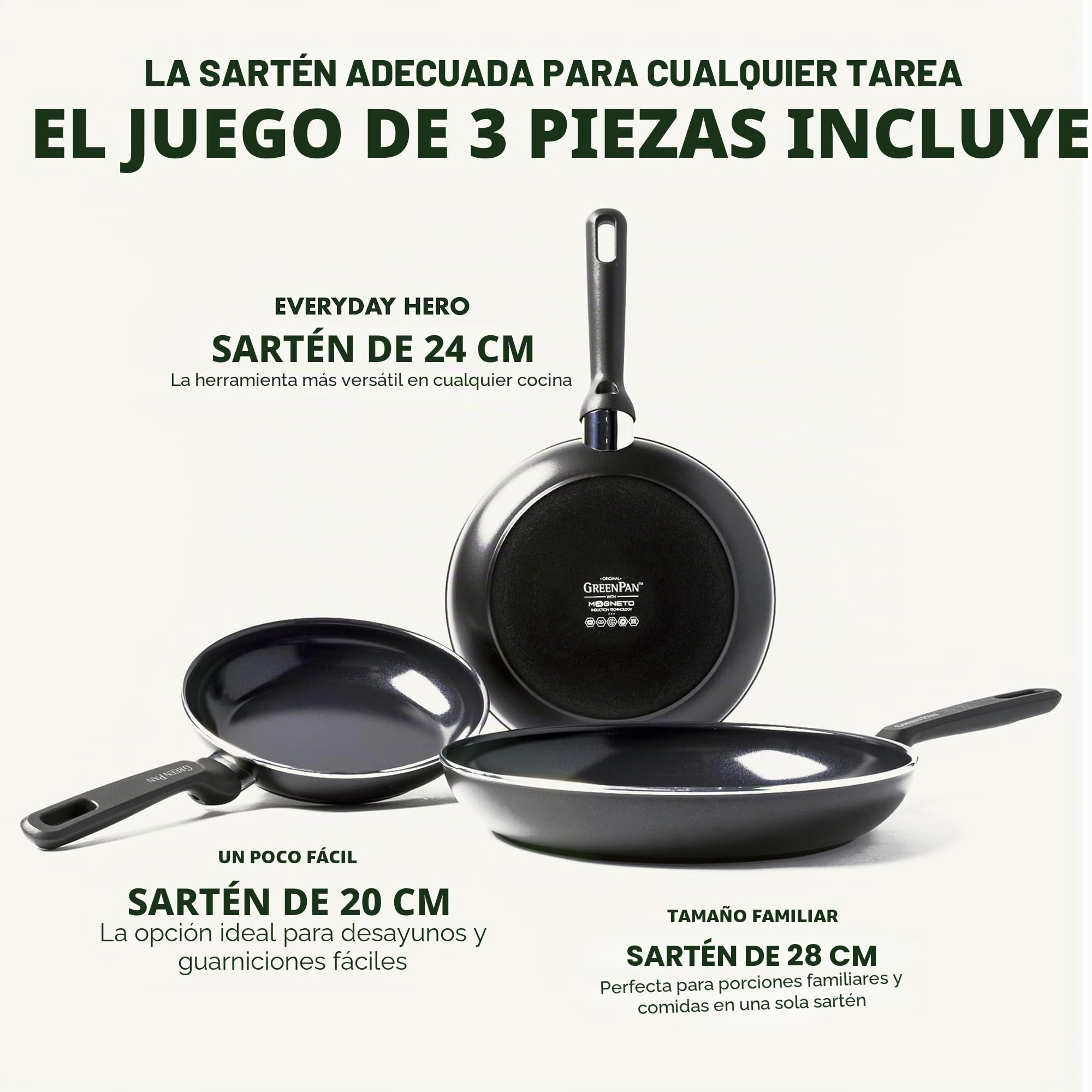 GreenPan Memphis Juego de Sartenes Antiadherentes de Aluminio con Revestimiento de Cerámica Saludable, 20 cm, 24 cm & 28 cm, Sin PFAS, Aptas para Inducción, Horno y Lavavajillas, Negro