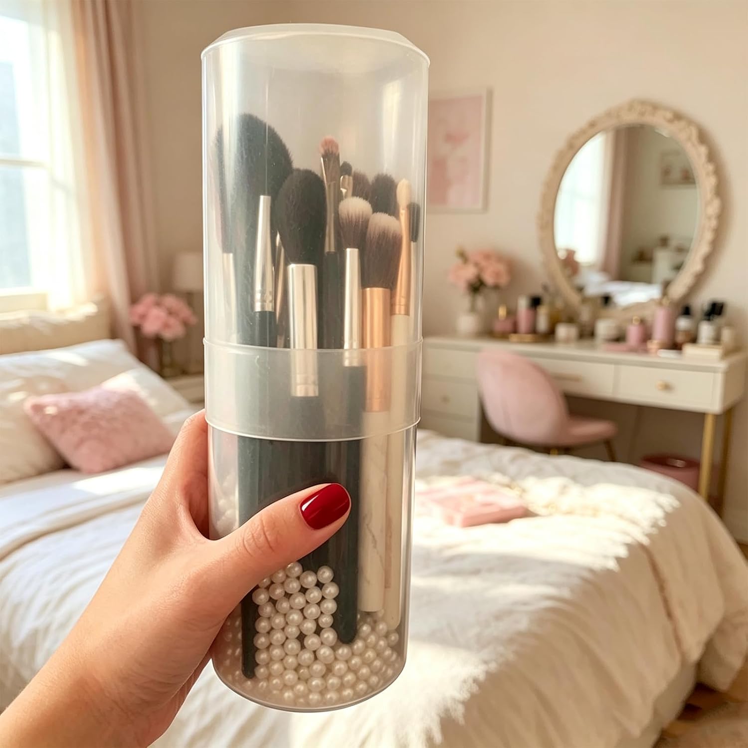 8 Pack Retractable Travel Makeup Brush Holder, 6 Levels Height Adjustable Dustproof Cosmetic Storage Cup with Lid, Portable Plastic Brush Organizer for Vanity Makeup Artist Travel
