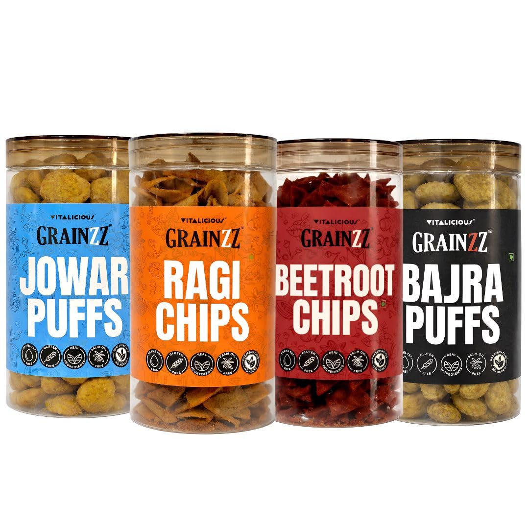 Grainzz Supergrain Snack Pack | Beetroot Chips, Ragi Chips, Bajra Puffs Smoky BBQ & Jowar Puffs Magic Masala | 4 Jars | High Fibre | No Palm Oil | Better-For-You Snacking - 600 gm-image-3