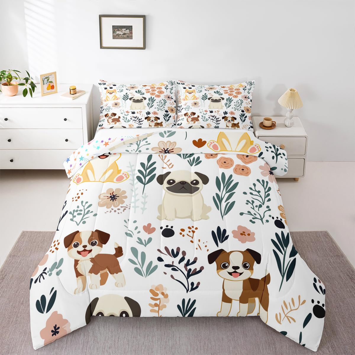 Feelyou Cute Puppy Dog Bedding Set - Kids Toddler Dog &amp; Flowers Comforter Set - Botanical Plant Duvet &amp; Quilt Set