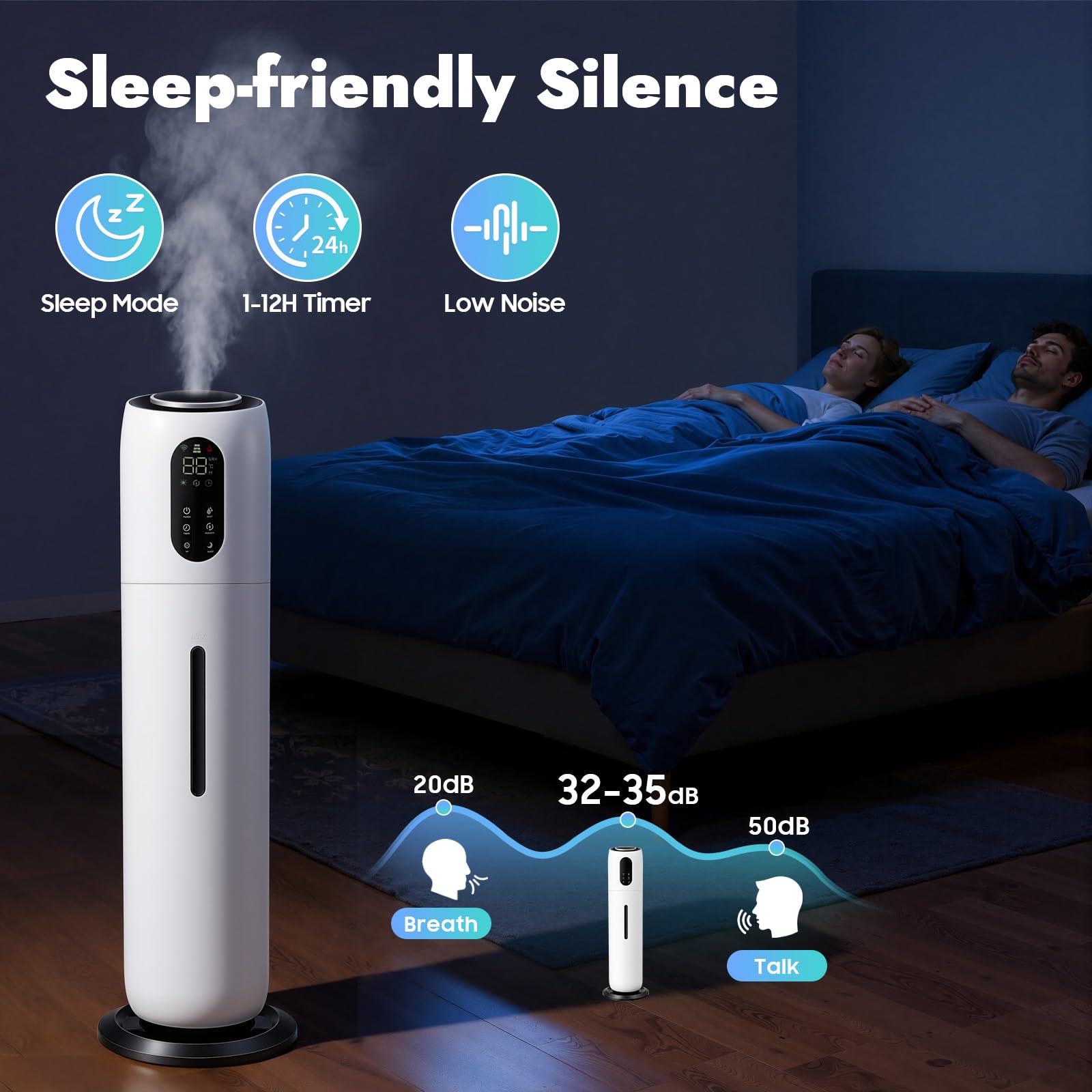 Humidificateur à ultrasons silencieux - Minuterie de 1 à 12 h - 3 niveaux