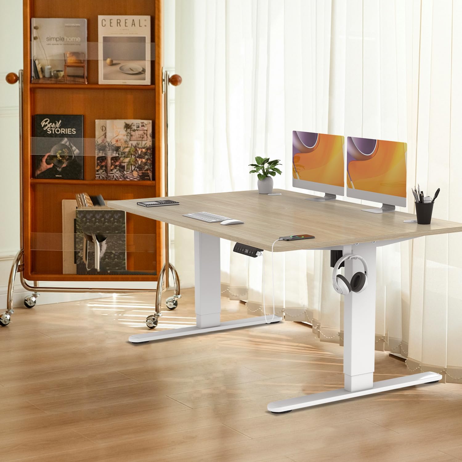 Image demonstrating the anti-collision feature of the desk, showing the desk stopping its downward movement when an obstacle is detected.