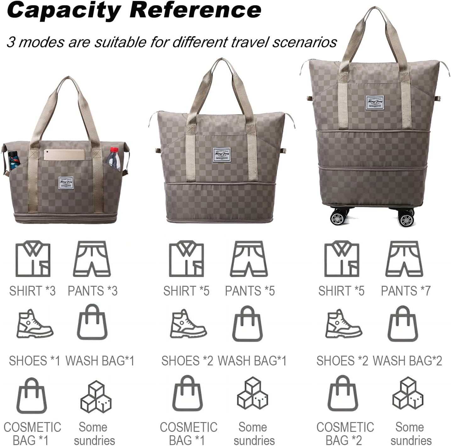 Expandable Foldable Duffel Bag Suitcases,Detachable Rolling Wheels,Rolling Duffle Bag with Wheels,Suitcase with Wheel,Carry on Luggage,Gift for Men Women Lightweight Suitcases (Khaki) - Image 2