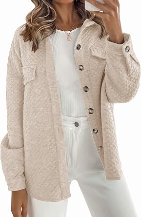 Womens Button Down Quilted Long Sleeve Shacket Jackets | Lightweight Shirt, Loose Outwear Coats with Pockets, Casual, Drop Shoulder, Diamond Quilt