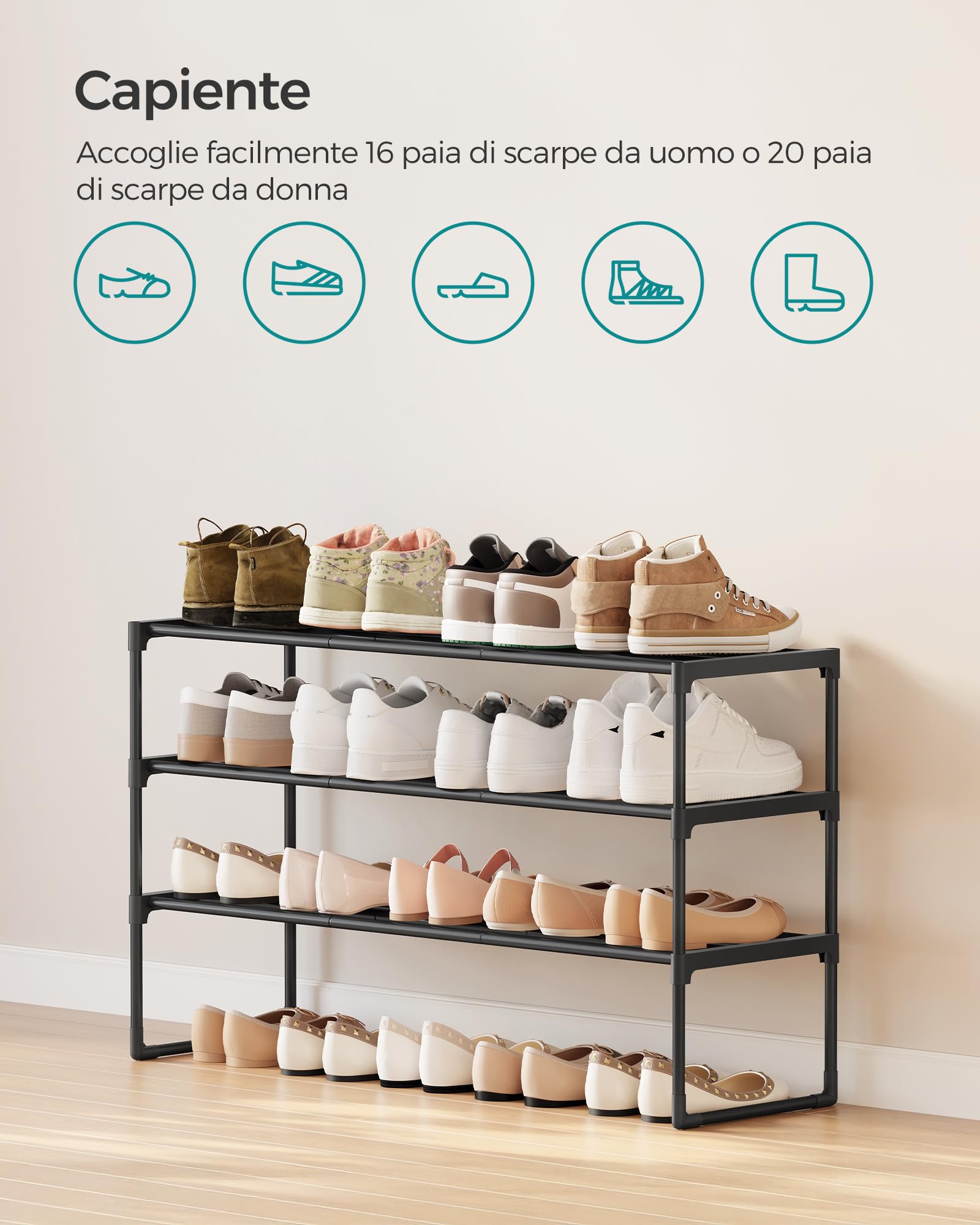 SONGMICS Scarpiera a 3 Ripiani, Scaffale Portascarpe in Metallo, per 16-20 Paia di Scarpe, Verticale o Capovolto, Impilabile, Ingresso, 30 x 92 x 55 cm, Nero LSA303B02