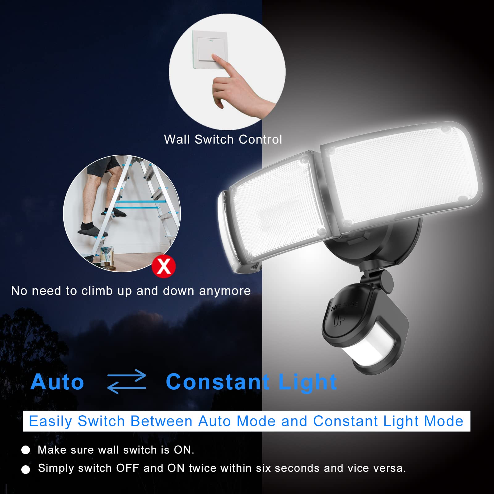 Onforu 42W Faretti LED Con Sensore Di Movimento – 3900 LM, 6500K, 3 Teste Regolabili – IP65 Per Esterni