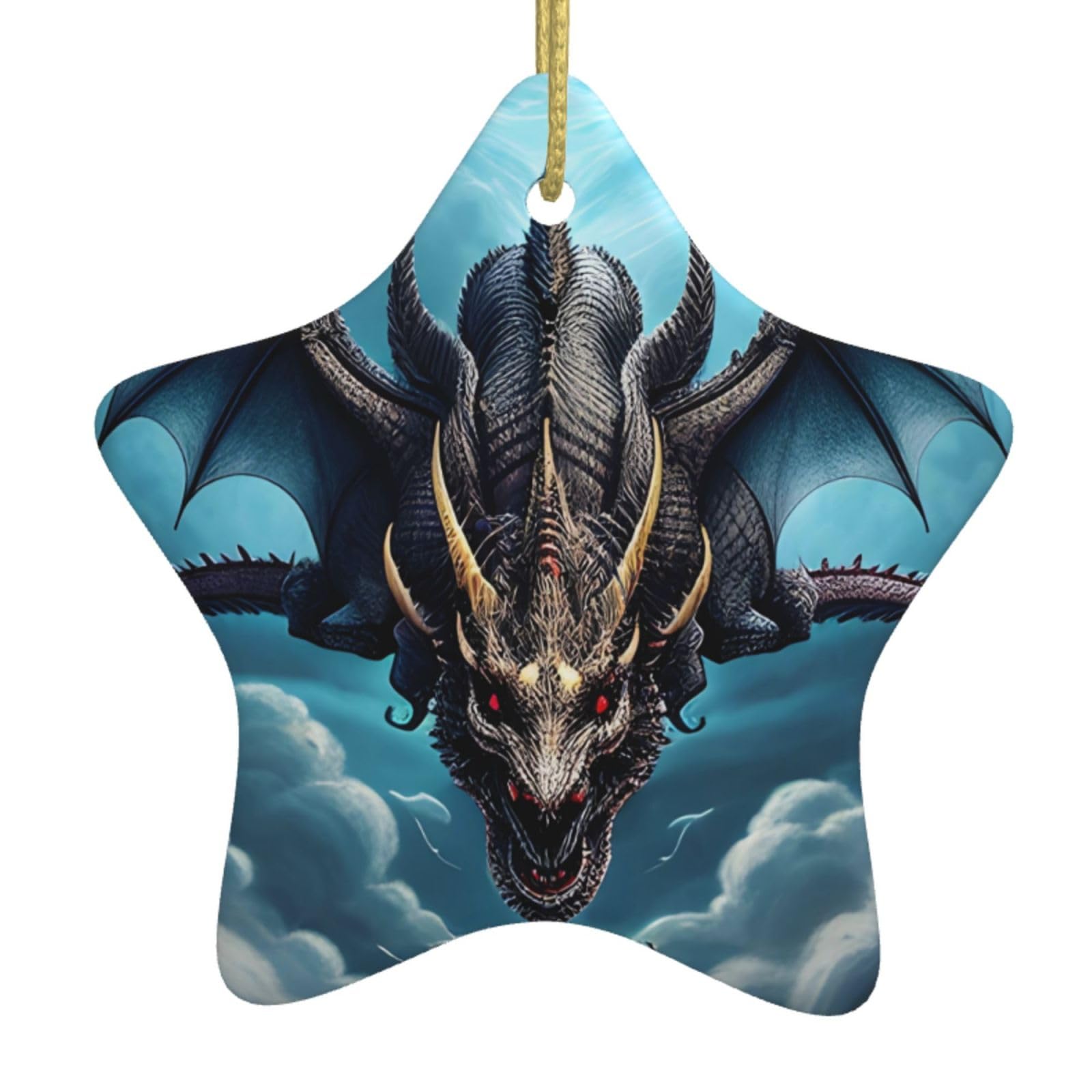 Flying Dragon Christmas Ceramic Star Pendant with Punched Holes and Gold Wire Rope, Christmas Tree Home Decoration