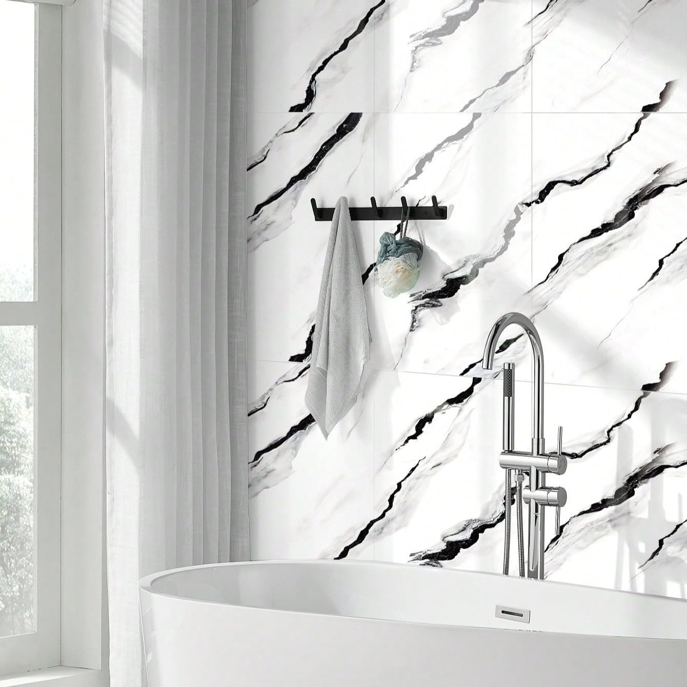 10pcsMarble Peel and Stick Waterproof Wall Panels,Backsplash Tile-23.6"x11.8"PVC Foam Wall Sticker for Kitchen,Living Rooms,Bedrooms TV Walls,Black and White,SlightlyYellowish(Not Real Tile 19.4Sq.Ft)