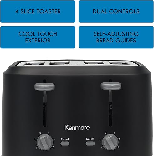 Miniatura 3 de Kenmore Tostadora de 4 rebanadas con controles dobles, negro mate y gris, ranuras anchas, guías de pan autoajustables, dorado ajustable, 6 ajustes