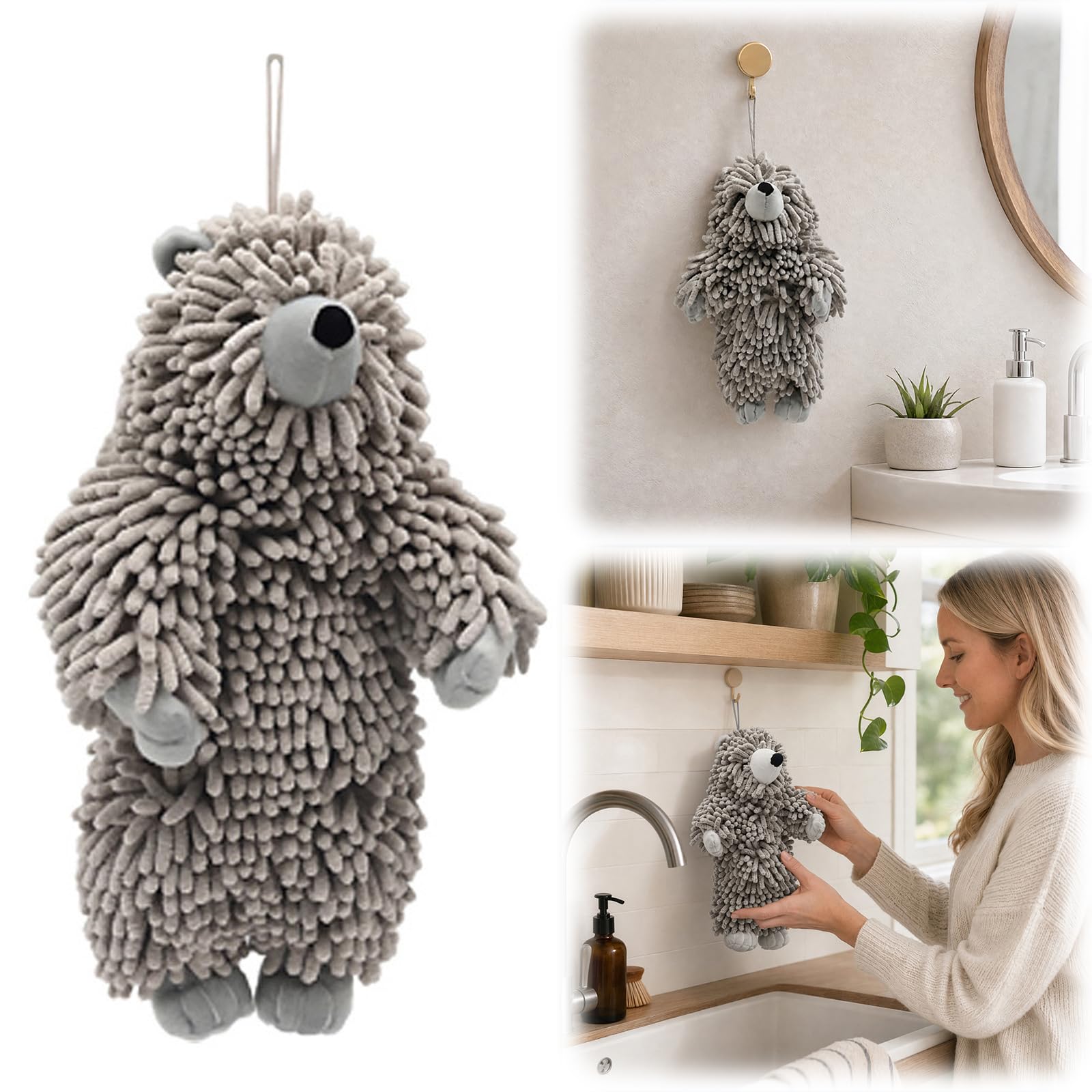 Chenille Bear Hand Towel - Cute 3D Plush Bear Hand Towel with Loops, Super Absorbent Hanging Kitchen & Bathroom Towels for Kids, Microfiber Fuzzy Animal Hangable for Bath, Washstand