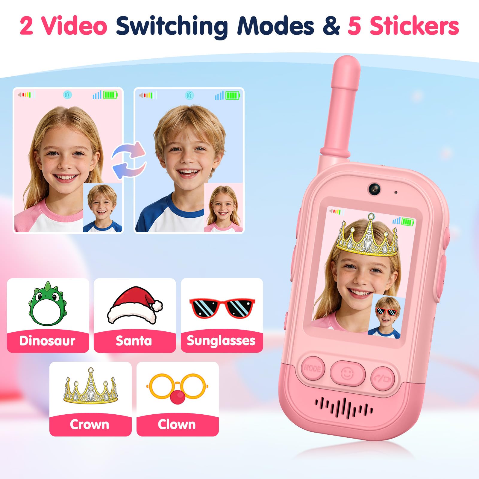 Gofunly Video Walkie Talkie Bambini, Set da 2 Dispositivi Ricaricabili con Interfono Video, Giochi per Interni ed Esterni per Attività in Famiglia per Ragazzo e Ragazza dai 3 ai 12 Anni - Rosa+Blu
