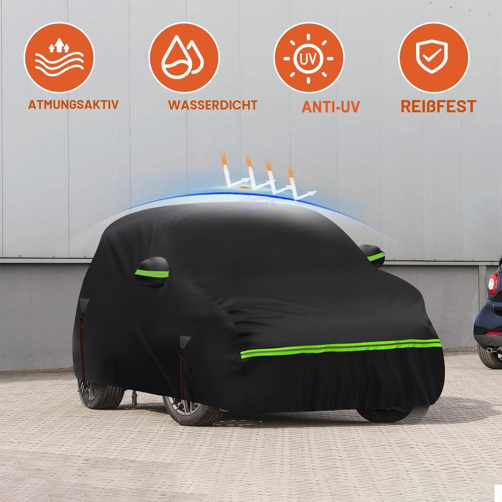 wasserdichte Autoabdeckung, kompatibel mit Smart Fortwo W451 2007–2014, 6 Schichten, Outdoor-Vollgarage für Sonne, Regen, UV, Staub, Schutz mit Türreißverschluss, winddichter Gurt
