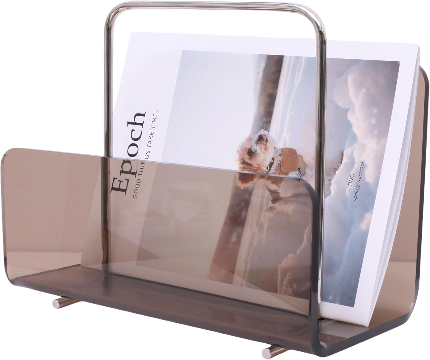 Magazine Holder, Brown Clear Acrylic with Stainless Steel Handle, Tabletop Display Stand
