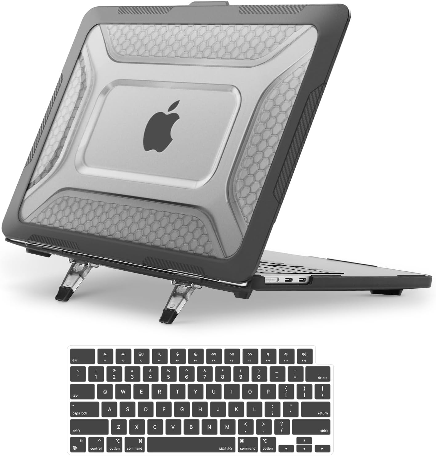 MOSISO Compatible with MacBook Air 13 inch Case 2025 2024-2022 M3 A3113 M2 A2681, Honeycomb Heavy Duty TPU Bumper Plastic Hard Case with Fold Kickstand&Keyboard Skin for MacBook Air 13.6, Black