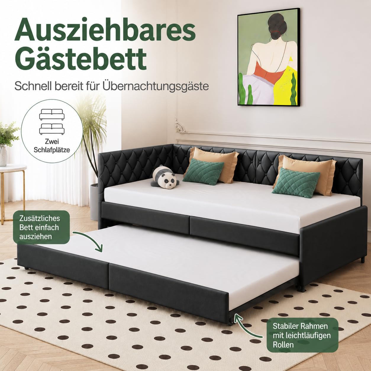 Multifunktionales Schlafsofa 90x200 cm, Ausziehbar 2-Sitzer-Sofa mit Schlaffunktion & Lattenrost, Daybett Tagesbett Schlafcouch ideal für Wohnzimmer und Gästezimmer, Ohne Matratze(Samt+Schwarz)