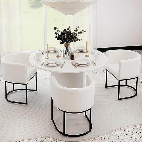 Miniatura 49 de HNY Juego de 4 sillas de comedor tapizadas modernas de mediados de siglo con brazos, sillas contemporáneas de lino para cocina y comedor, silla