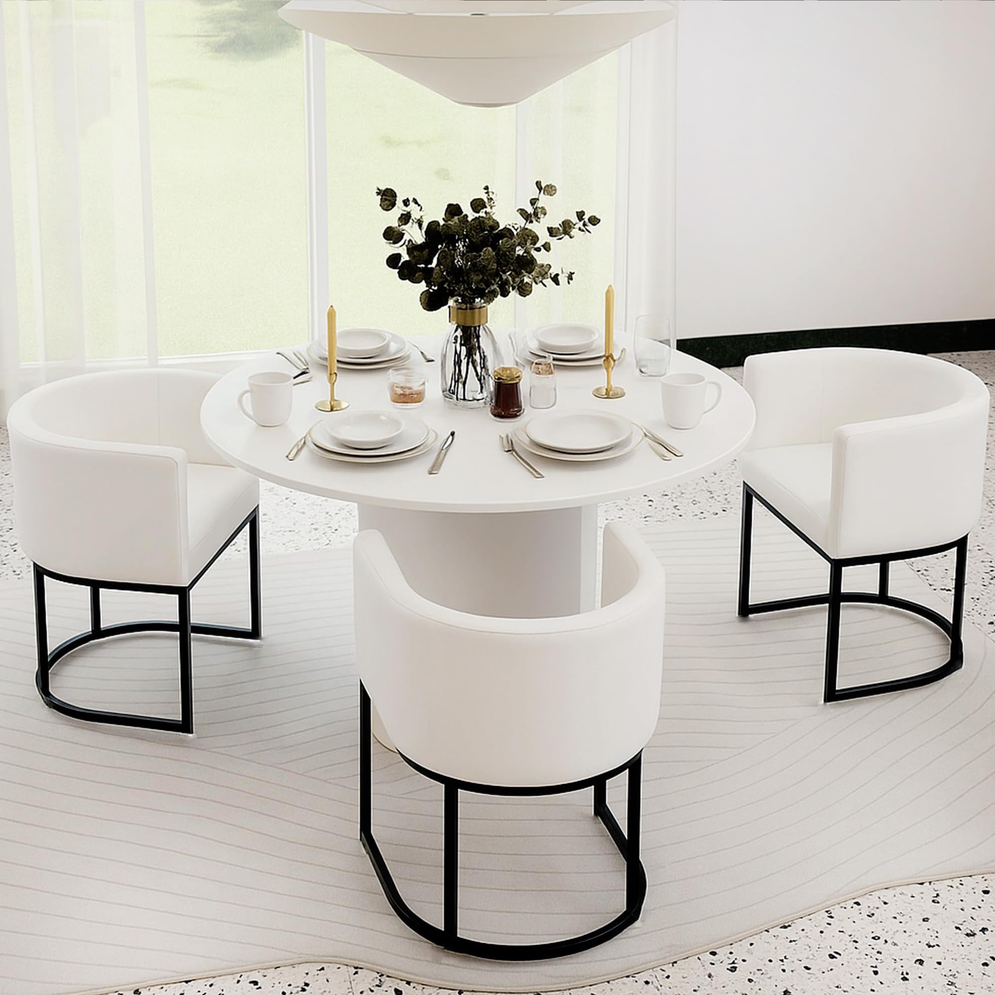 HNY Mid Century Modern Upholstered Barrel Dining Chairs with Arms Set of 3, Leather Kitchen &amp; Dining Room Chairs, 18.5" Wide Accent Chairs for Dining Room Living Room with Black Metal Frame, White
