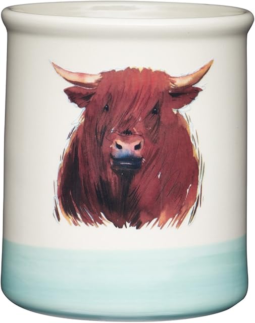 KitchenCraft Apple Farm Hand-Finished 'Hamish Highland Cow' Ceramic Utensil Holder, 12.5 x 12.5 x 14.5 cm (5" x 5" x 5.5") - Cream / Sage Green