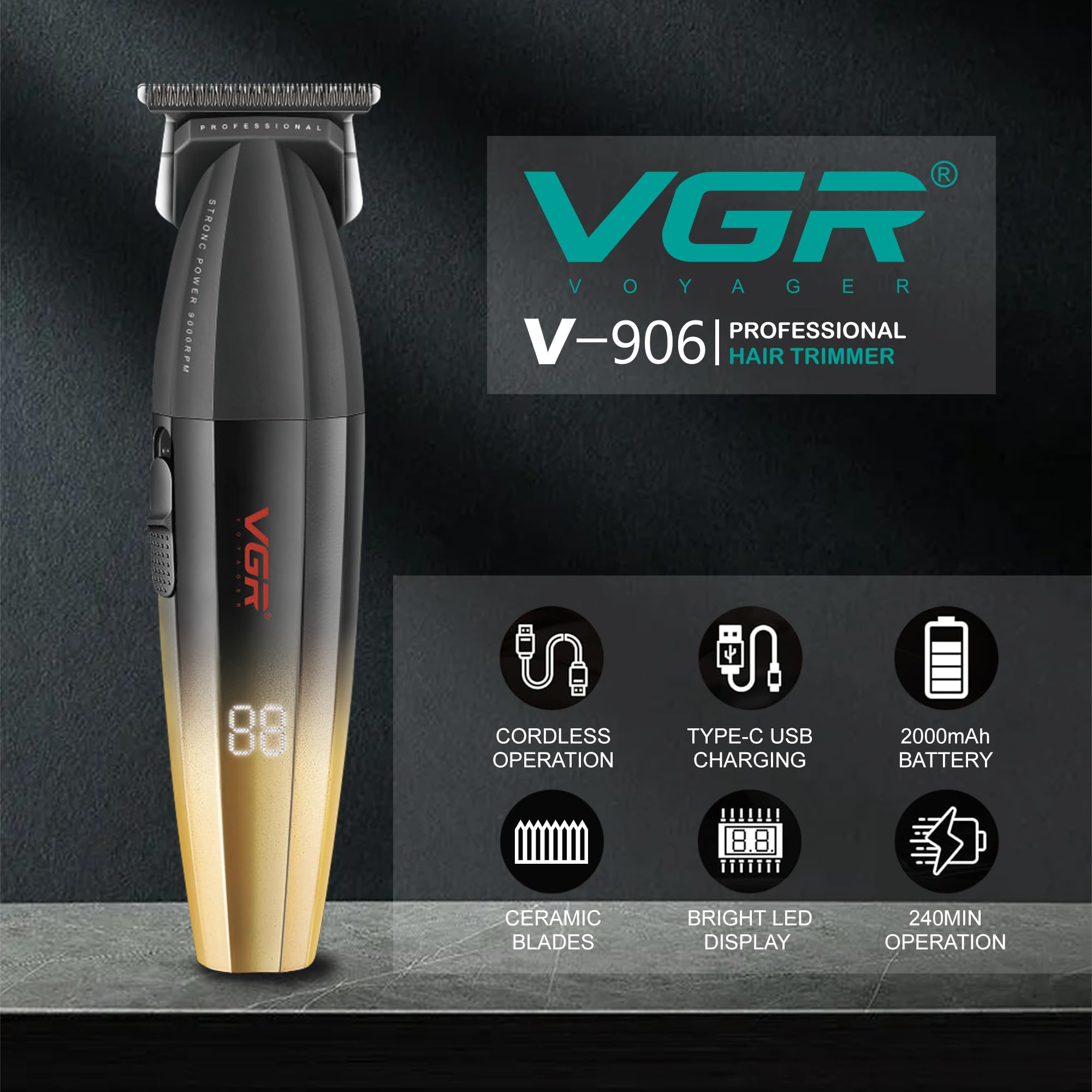 VGR Recortadora de pelo para hombre, inalámbrica, profesional, barbero, 9000 rpm, eléctrica, USB-C, recargable, batería de 240 minutos, DLC y cuchillas de cerámica para detalles de barba de precisión,