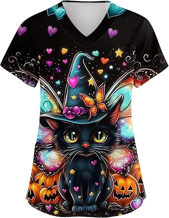 OIOLOYJM Halloween Christmas Scrub Tops Women Print V Neck Short Sleeve Plus Size Scrubs for Womens Shirts with Pockets