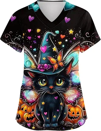 OIOLOYJM Halloween Christmas Scrub Tops Women Print V Neck Short Sleeve Plus Size Scrubs for Womens Shirts with Pockets