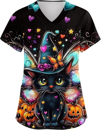 OIOLOYJM Halloween Christmas Scrub Tops Women Print V Neck Short Sleeve Plus Size Scrubs for Womens Shirts with Pockets