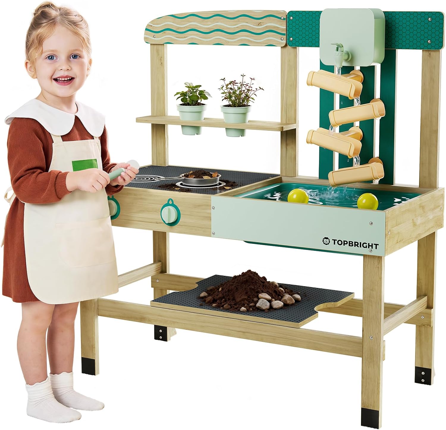 TOP BRIGHT 4 In 1 Mud Kitchen for Kids, Wooden Outdoor Playhouse for Water & Sand Play, Cooking & Gardening Playset with Accessories, Sensory Table Set, Backyard Pretend Play Toy for Boys Girls Ages 3