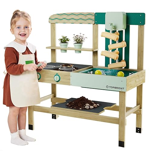 4 In 1 Mud Kitchen for Kids, Wooden Outdoor Playhouse