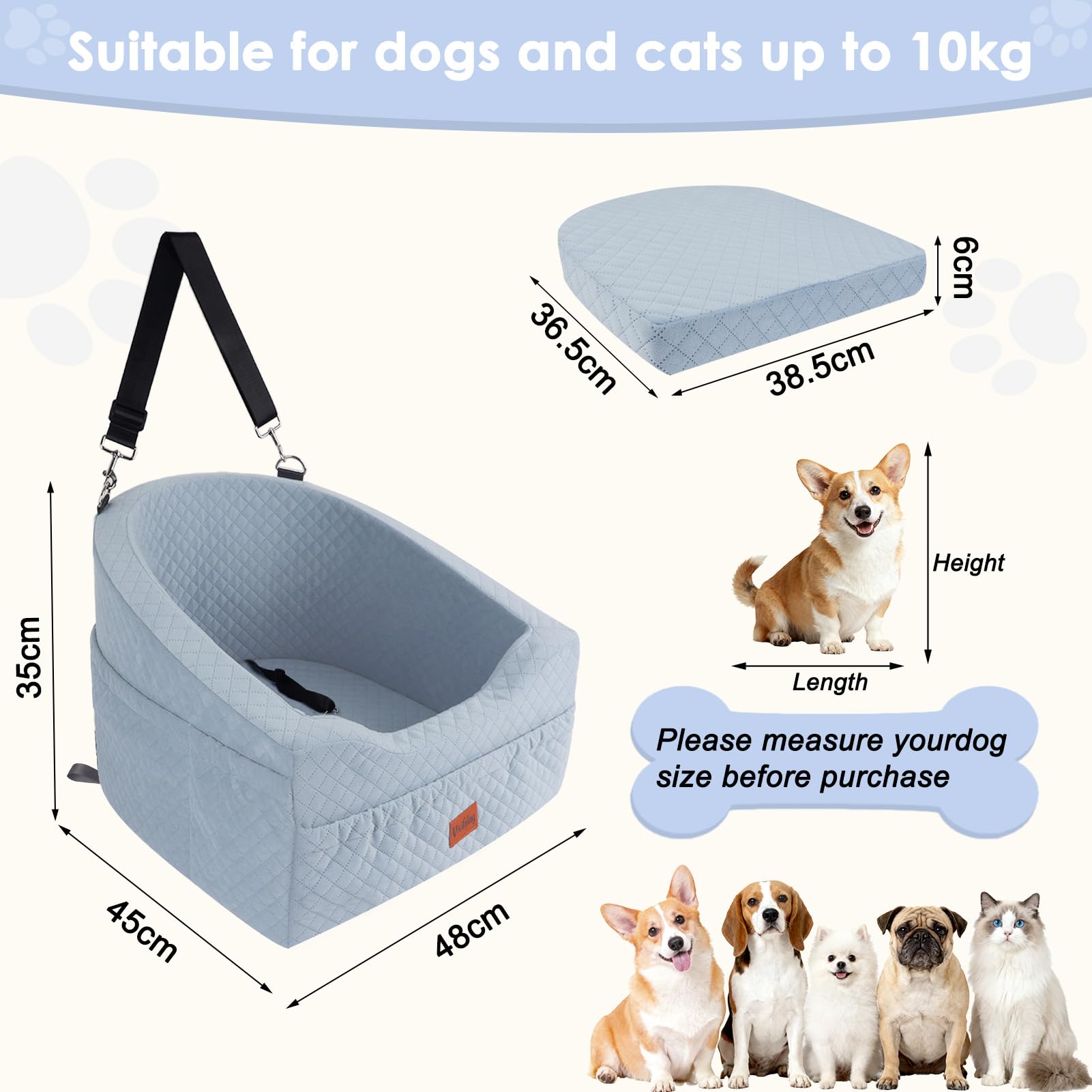 Vivifying Asiento de coche para perros pequeños y medianos, asiento para perros lavable con correa de seguridad y bolsillos de almacenamiento, asiento elevado para el asiento delantero y trasero, gris