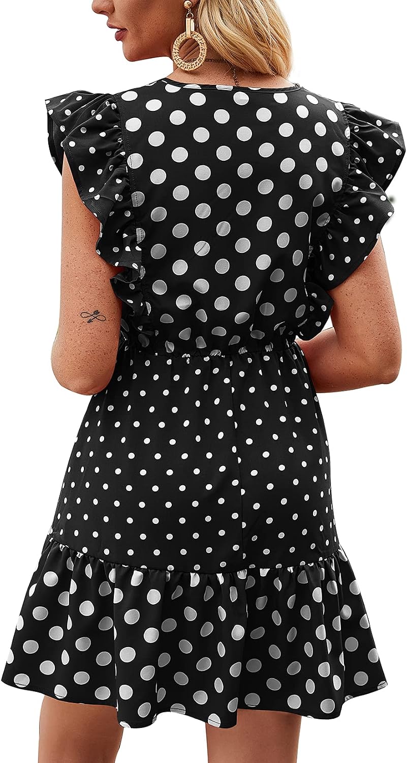 Lu's Chic Women's Dress V Neck Dresses Ruffle Polka Dot Mini Casual Short Summer Swing Sleeveless Cap Sleeve Flowy Ladies Print Work Cocktail Party A Line Black X-Large