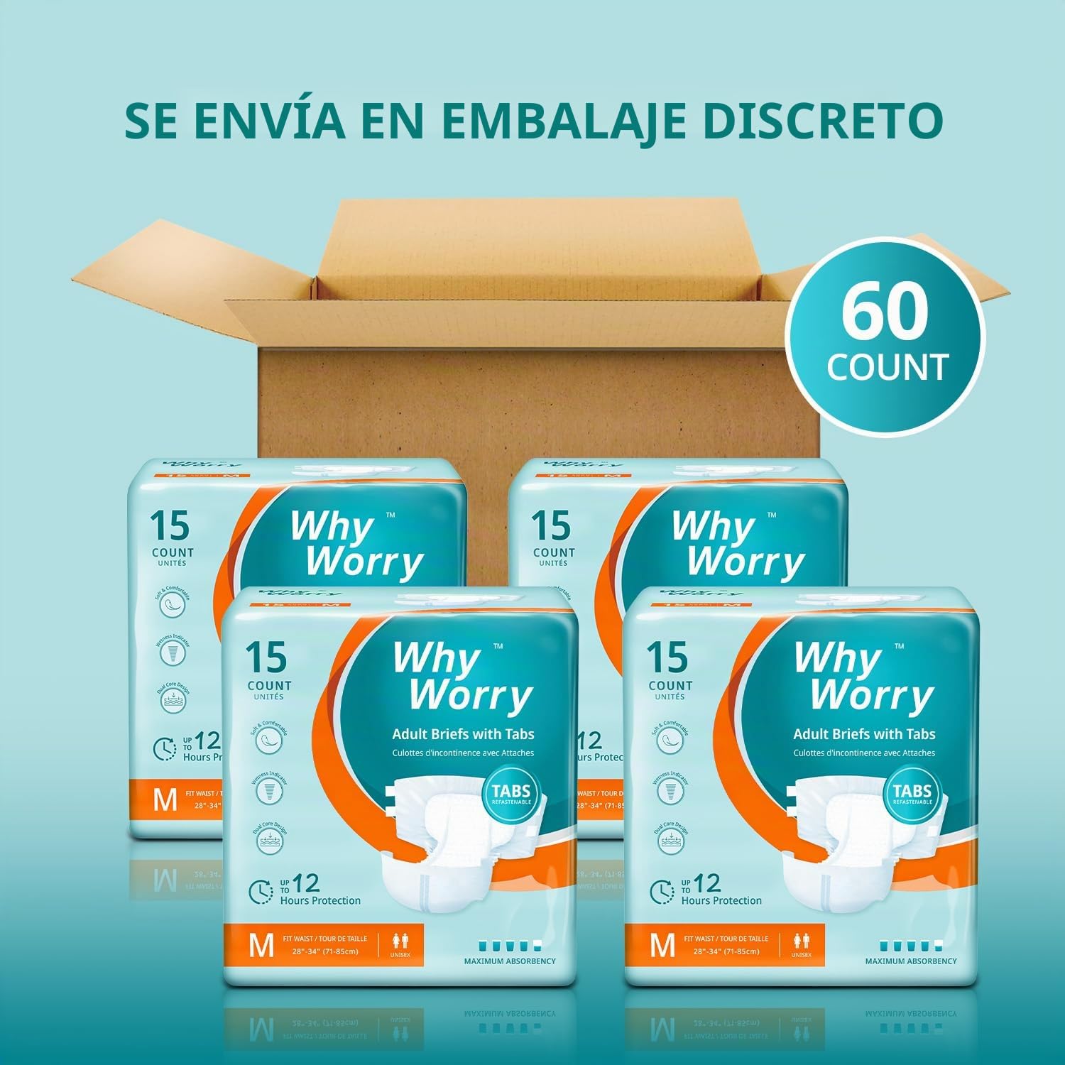 WhyWorry Pañales para Adultos con Máxima Absorción, Talla M, 60 Unidades | Dispositivos Absorbentes para Incontinencia Severa, Mujeres y Hombres, Protección Noche, Sistema Antiodor, Barreras Antifugas