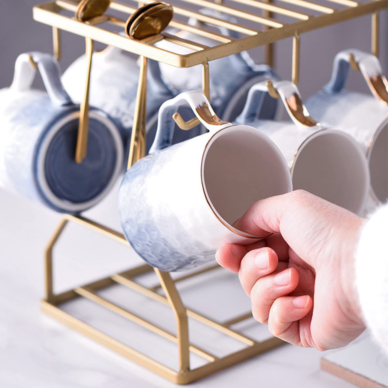 Service à thé en Porcelaine Anglaise Bleue 8 pièces pour Adultes, Une théière, Un Ensemble de 6 Tasses à café avec Support en métal