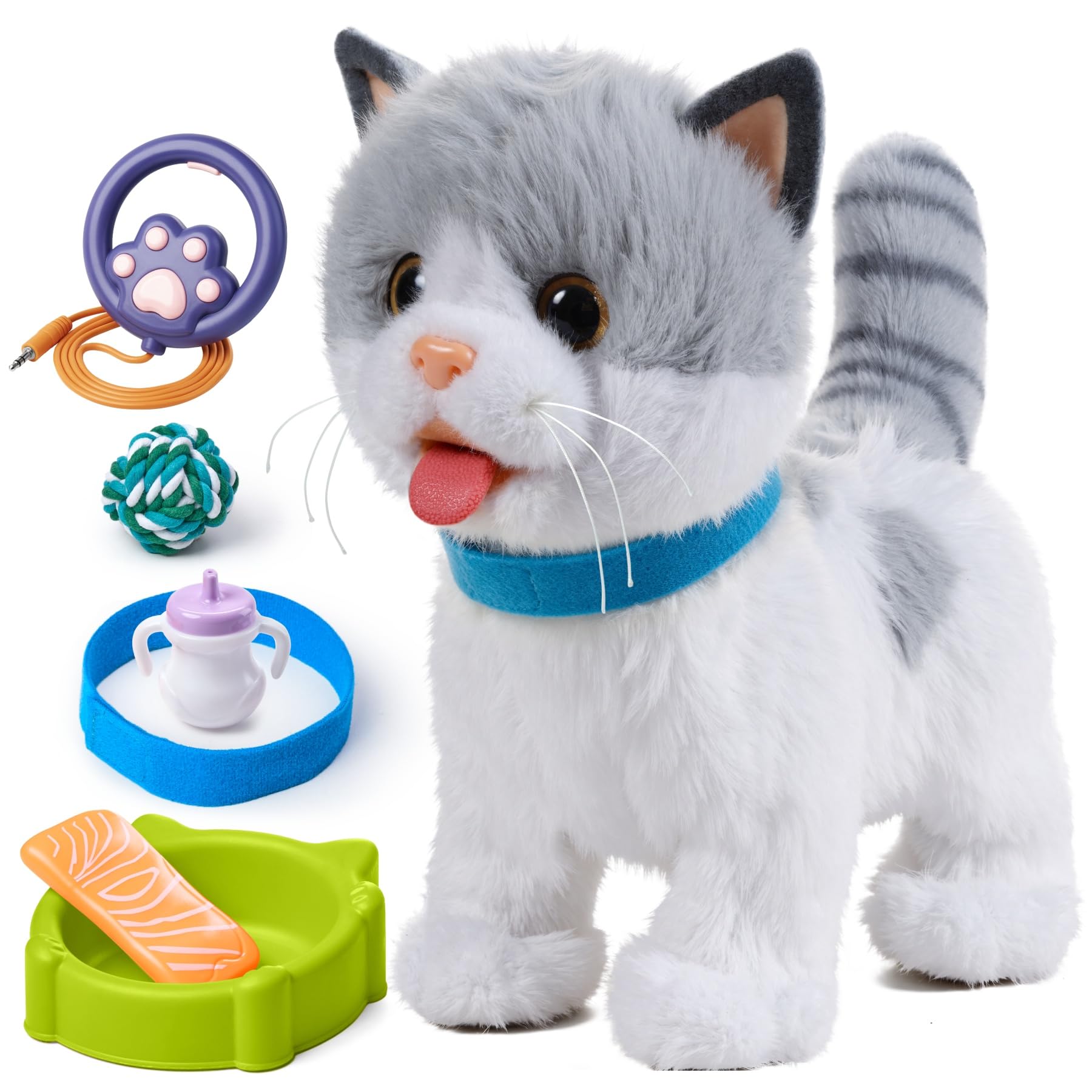 OR OR TU Gatto Giocattolo per Bambini di Gatto Peluche Elettronico da Passeggio Cammina al Guinzaglio, Gatto Elettronico che Lecca, Giocattoli Interattivi Realistici per Bambini 3 4 5 6 7+ anni Ragazz