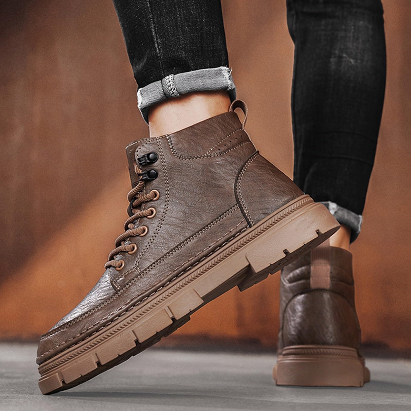 Ankle Boots Damen Leder Schnürstiefel Plateau Motorrad Lederstiefel