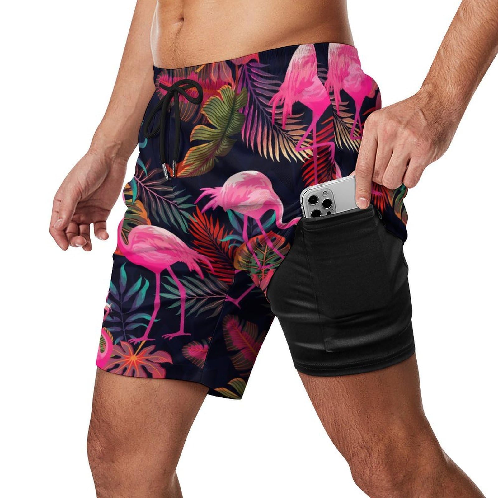 Feorafei Men'S Quick-Dry Swimming Trunks 7 Inch with Compression Liner 2 in 1 Beach Swim Board Shorts with Pockets, 925.pink Black Flamingo, M