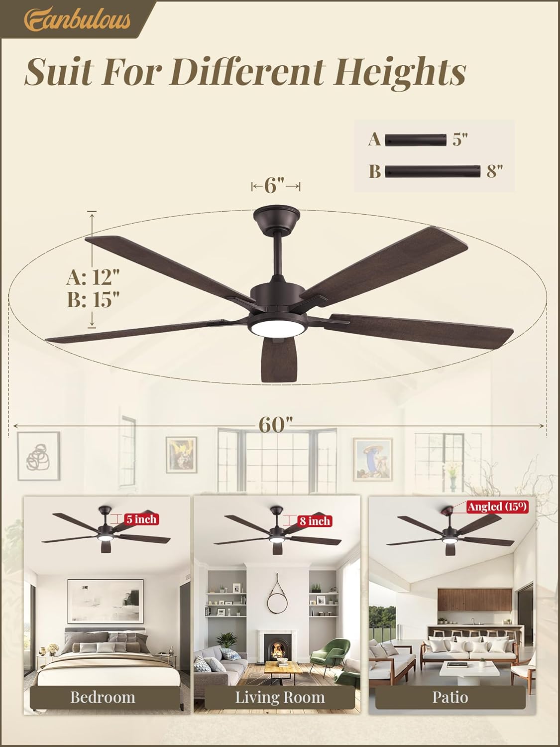 Fanbulous 60 Inch Ceiling Fans with Lights and Remote, Stepless Color Temperature Change & Dimmable 20W LED Ceiling Fan, 6 Speeds Reversible Quiet DC Motor for Bedroom, Living Room, Oil Bronze