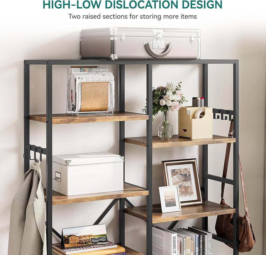 CJMM 本棚、5段本棚、10段のオープン棚を備え、6フック付きベッドルーム Amazon.co.jp: CJMM 本棚、5段本棚、10段のオープン棚を備え、6