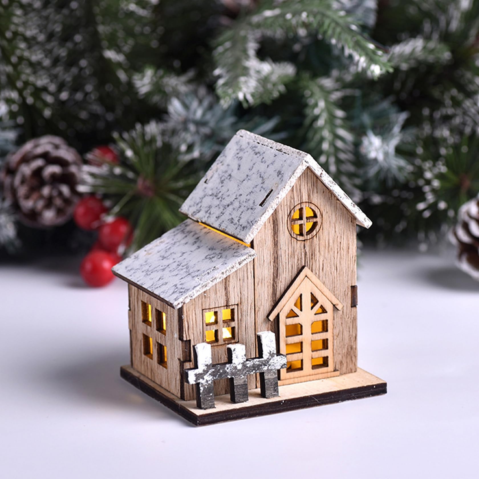 3 Maisons De Noël En Bois Avec Lumières LED - Décoration De Table & Fenêtre - Village Festif Lumineux