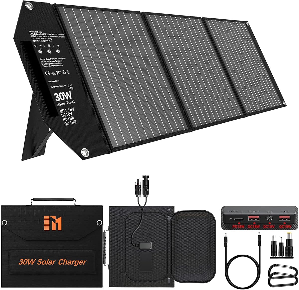 30W Solar Panels Charger Portable Foldable with USB-C USB-A MC4 DC | Fast Charging for Backpacking, Travel, Camping, for iPhone LG Google, Power Bank, Power Station Generator