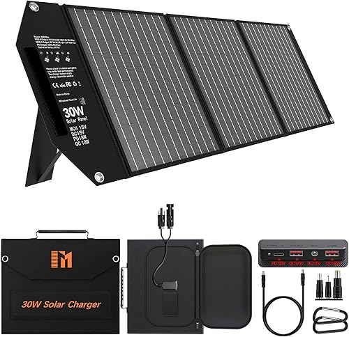 Cargador solar portátil de 30 W, panel solar plegable con USB C y USB A 18 V MC4 DC para camping, mochilero, viajes, carga rápida para iPhone, LG,