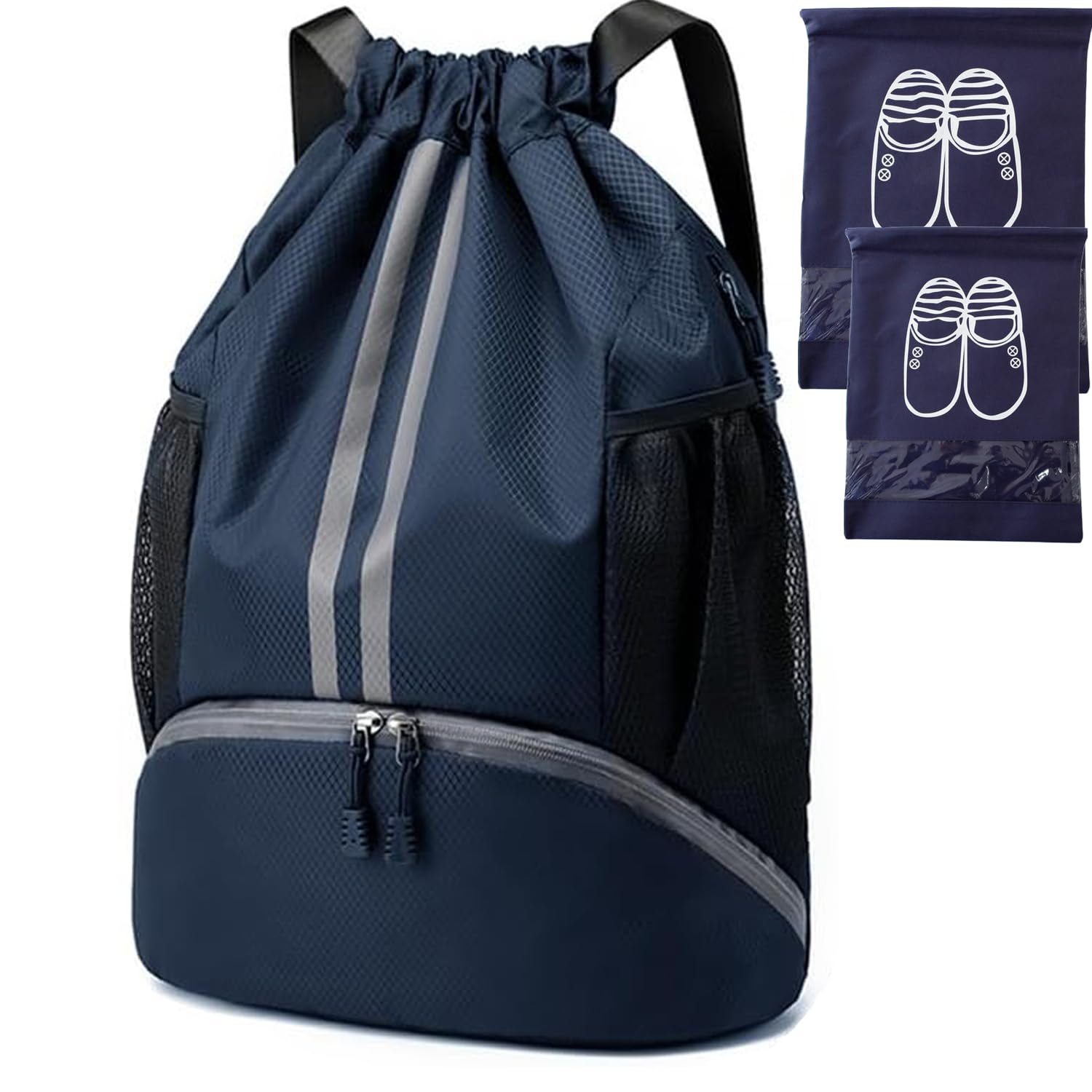 QUEENADA Drawstring Backpack Sports Bag - String Swim Gym Bag with Shoes Compartment and Wet Proof Pocket for Travelling, Gym Basketball (blue)