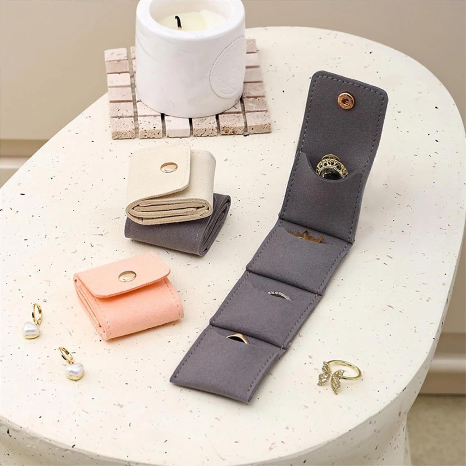 Jewelry Rolls 8pcs Foldable Jewelry Organizer Pouch With Multi Compartments For Rings Necklaces Earring Velvet Lined Travel Bag Mini Clutch For Journey Rings Necklaces Earrings Bracelets(Pink)