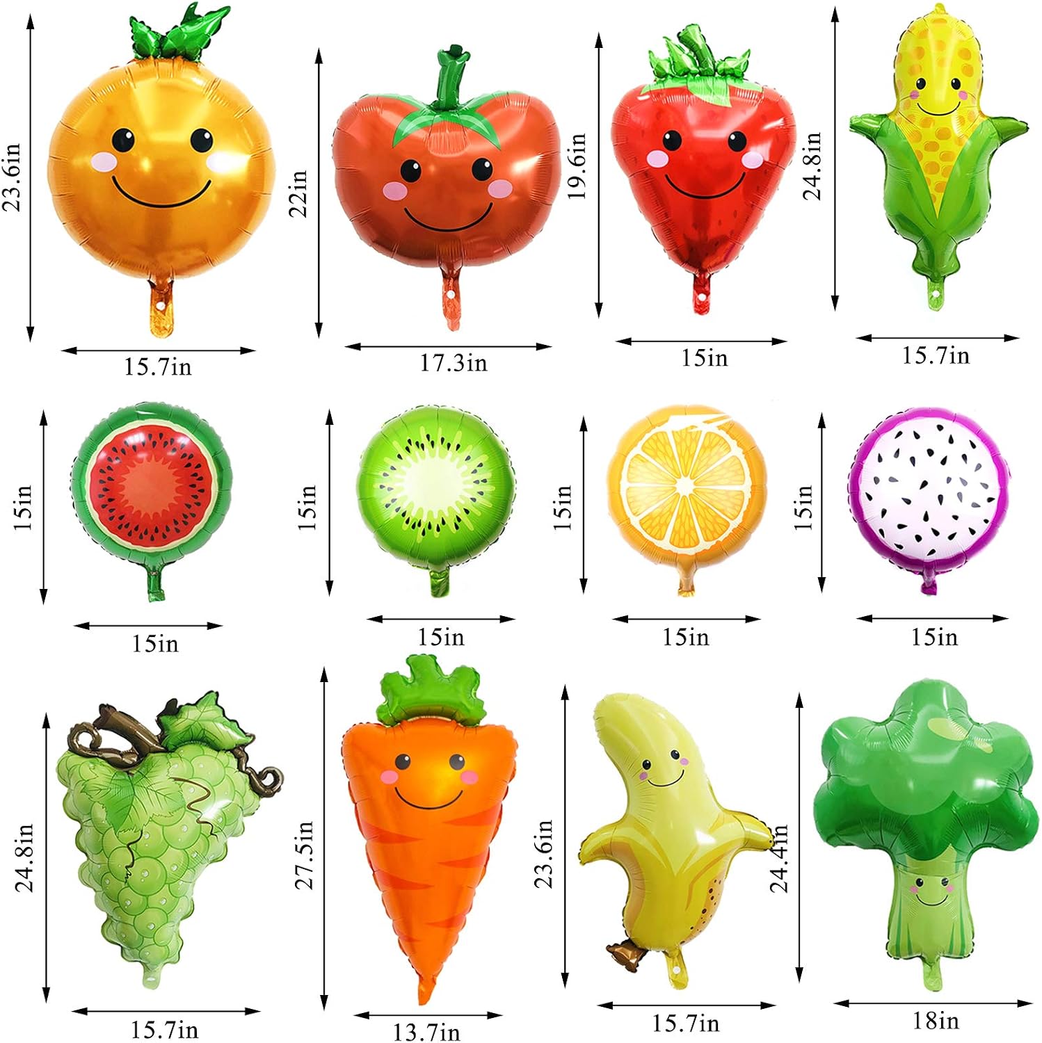 12PCS Fruit Vegetable Foil Helium Mylar Balloons, Corn Carrot Orange Tomato Broccoli Strawberry Grape Banana Watermelon Kiwi Party Decoration Supplies for Baby Shower Birthday Christmas Kids Gift image 2