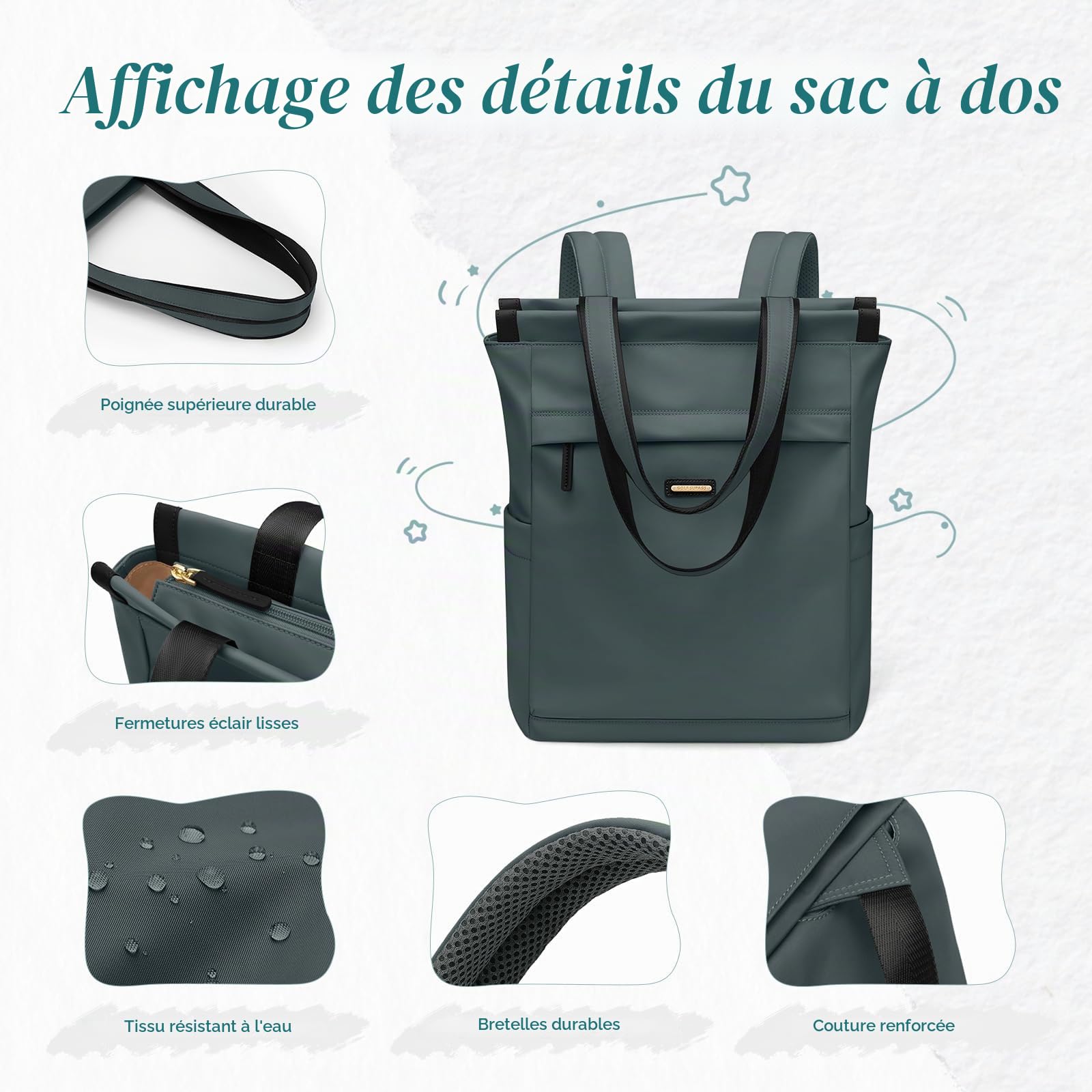 Sac à Dos Convertible pour Ordinateur Portable, Sac à Dos pour Ordinateur Portable pour Femme, Sac de Voyage Décontracté de 15.6 Pouces, pour l'université, les Voyages, le Travail (Vert Foncé)
