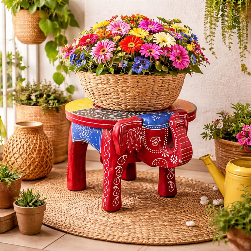 Bosco Handcrafted Rajasthani Wooden Elephant Stool Multicolor Painted Mango Wood Footstool Decorative Ethnic Furniture for Living Room, Bedroom, Entryway & Home Decor Accent BSP-1038-image-32